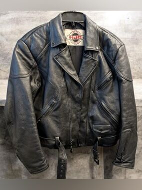 HJC Black Leather Biker Jacket - Classic Women’s Motorcycle Coat / US Size M